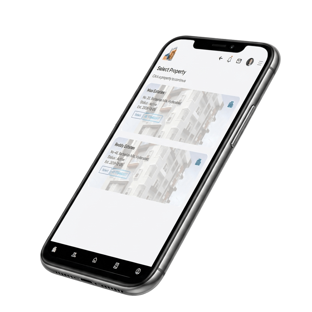 Select Property screen with estate cards.
